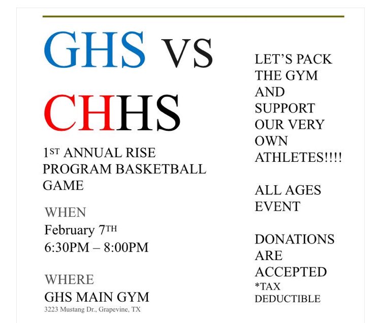 IT’S RIVALRY TIME💙🏀❤️!!!!!
Can’t wait to see everyone packing the stands THIS WEDNESDAY @ 6:30 in gym 1 to watch the <a href="/GhsRise/">GHS RISE</a> kiddos play <a href="/ChhsBestBuddies/">CHHS Best Buddies</a> in <a href="/GCISD/">Grapevine-Colleyville ISD</a> first annual rise basketball game🎉🎉🎉