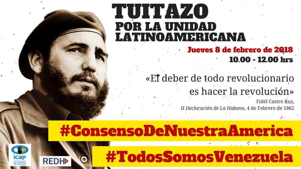 #Cuba El próximo jueves 8 de febrero desde las 10:00 am los invitamos a sumarse al tuitazo "Por la unidad latinoamericana" ante las reiteradas amenazas imperiales #ConsensoDeNuestraAmérica #TodosSomosVenezuela <a href="/UCLVCU/">UCLV 🇨🇺</a> <a href="/UJCuba/">UJC</a> <a href="/UdeLaHabana/">Universidad de La Habana</a> @uo_universidad <a href="/univholguinera/">UniversidadHolguin</a>