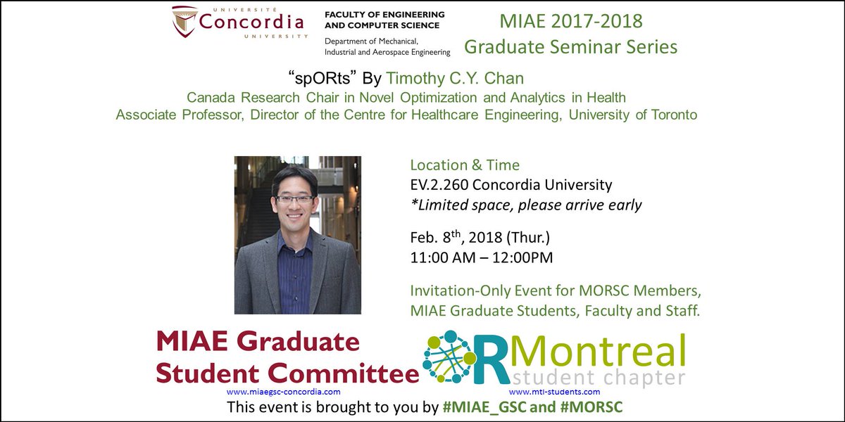 OR_MTLchapter's tweet photo. Mark your Calendars
“spORts” By Timothy C.Y. Chan
on Feb. 08th, 2018 (Thur.) 11:00 AM – 12:00PM
at EV2.260 Concordia University

#MORSC #ORMS #OR #TALK #LEARN #SPORTS https://t.co/lFrfkVpEQh