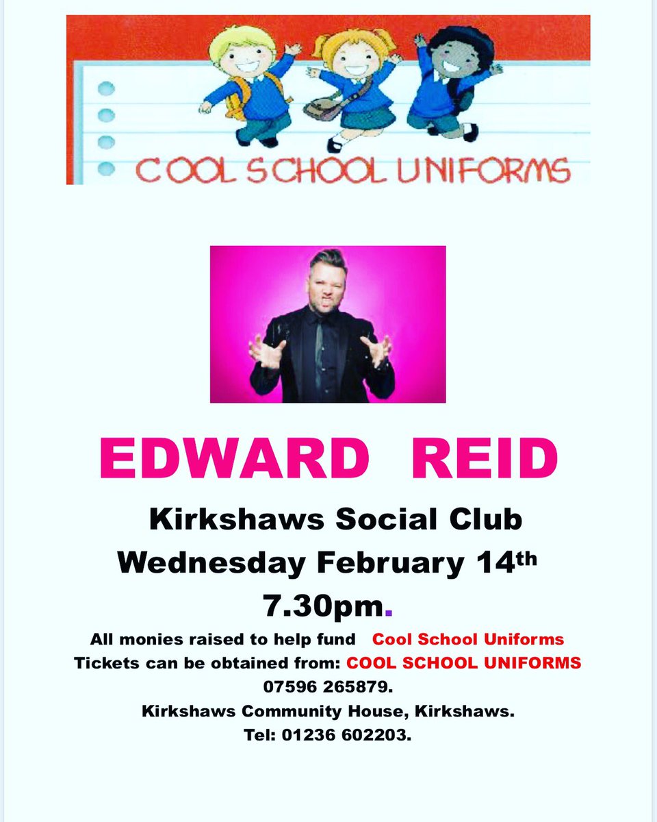 mredwardreid's tweet photo. Coatbridge pals please share. I am doing a charity night on the 14th of Feb to raise funds for school uniforms and equipment like basic pencils and note pads. All money raised goes to the charity. 
01236 602203 for tickets. Ex https://t.co/lcLg00SvSy