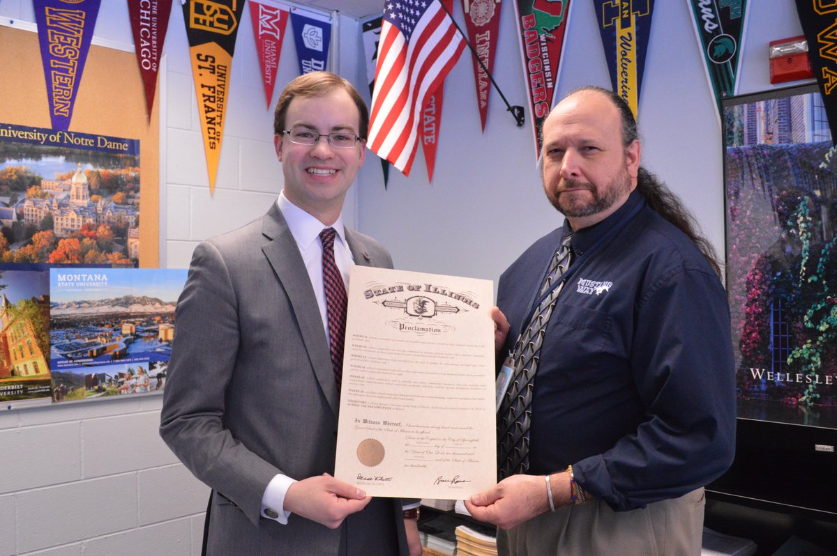 edhschwartz's tweet photo. Great having @dsolsen2 here today with the @DownersSouth counselors. Representative Olsen shared the proclamation for @myisca from Gov. Rauner declaring February 5-9 as School Counselors Week in Illinois. #dspride @DGSCounseling https://t.co/qJkDKPLglY