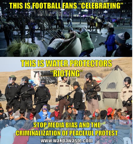 WakpaProtectors's tweet photo. Media &amp; Law Enforcement called Water Protectors rioters and terrorists. But the #PhillyRiots were just a "celebration” that “turned rowdy”.  Fight against the criminalization of peaceful protest. Fight with us. #NoDAPL #NoKXL #WaterisLife #environmentaljustice #tarsands https://t.co/nO4YxazflL