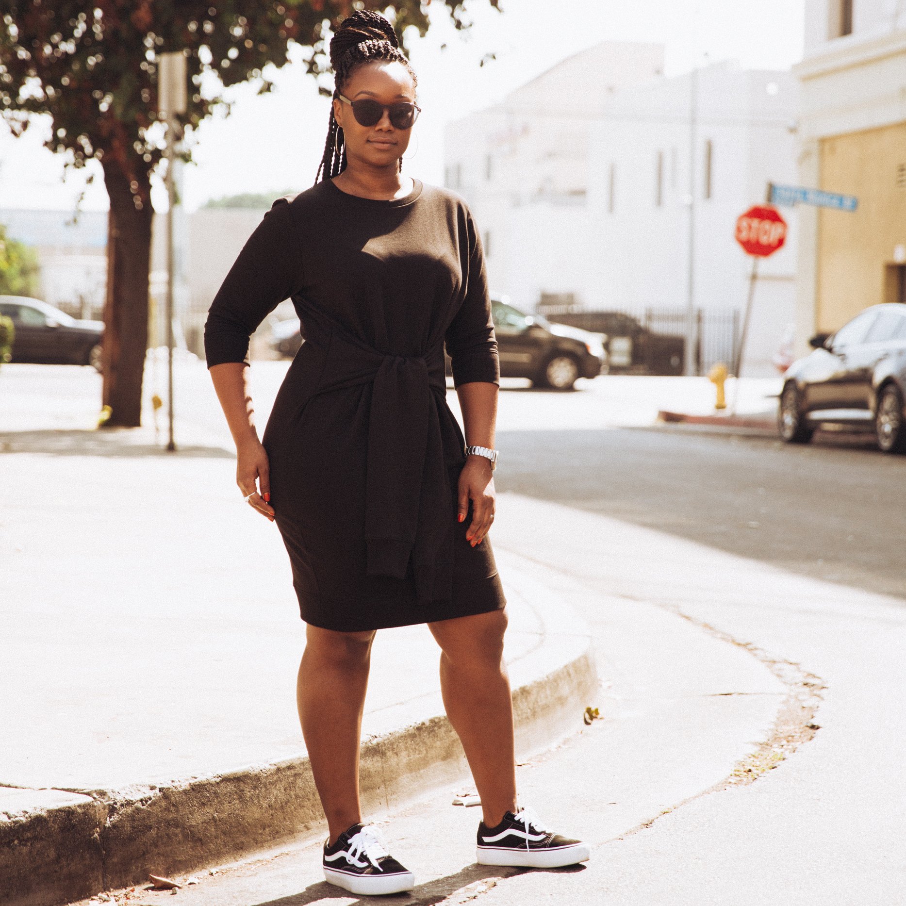black dress with white vans