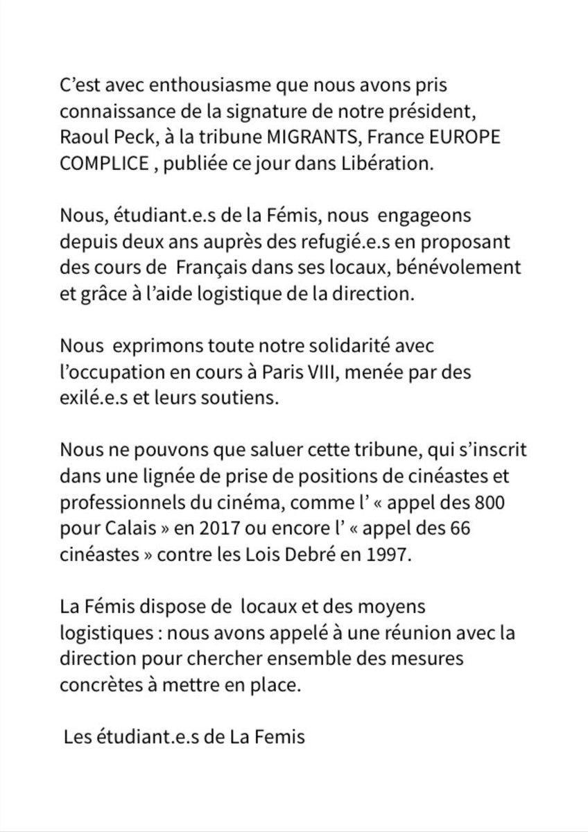 Message de soutien des étudiant.e.s de La Femis!!! Nous rééditons notre appel à occuper partout où vous le pouvez!! Universités Portes Ouvertes! #OuvreTaFac #OccupP8 #RefugeesWelcome #SolidariteInternationale <a href="/lafemisparis/">La Fémis</a>
