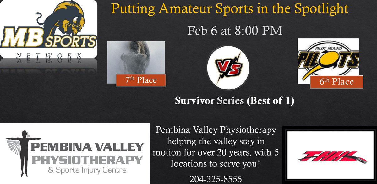 wsbn_tv's tweet photo. Hockey fans the #THHL playoffs start Feb 6 with the survivor series. 1 game, everything on the line, loser prepares for golf and baseball. The 7th place @theherd_bisons head down to @PilotMoundArena  to take on the 6th place @HockeyPilots -get out and cheer on your favorite team https://t.co/kMNYfEcE1l
