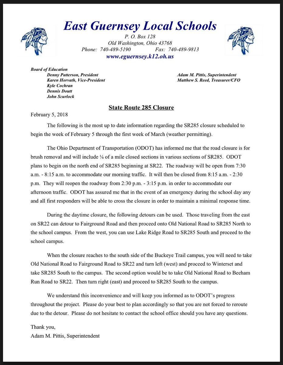 EastGuernsey's tweet photo. Here is the latest regarding the closure on State Route 285 #GoWarriors https://t.co/bAdnOuQ4w4