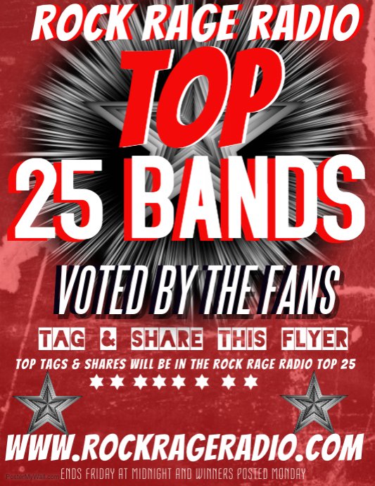 RockGoddess_DD's tweet photo. BANDS and FANS SHARE,TAG &amp; SHARE some more
VOTING 4 ROCK RAGE RADIO TOP 25
Winners announced Monday  Noon-3 pm est
VOTE BY TAGGING , SHARING FROM THIS PAGE AND make sure to #tag your band 
Voting is for any band national or unsigned anywhere in the world! 
Voting is till FRIDAY https://t.co/U8x4lksSwa