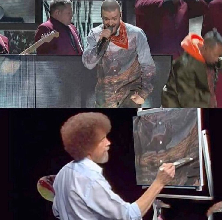 elizacross's tweet photo. Made me laugh! #superbowl2018halftime #bobross #JustinTimberlakeHalftimeShow https://t.co/72Ly43qsmk