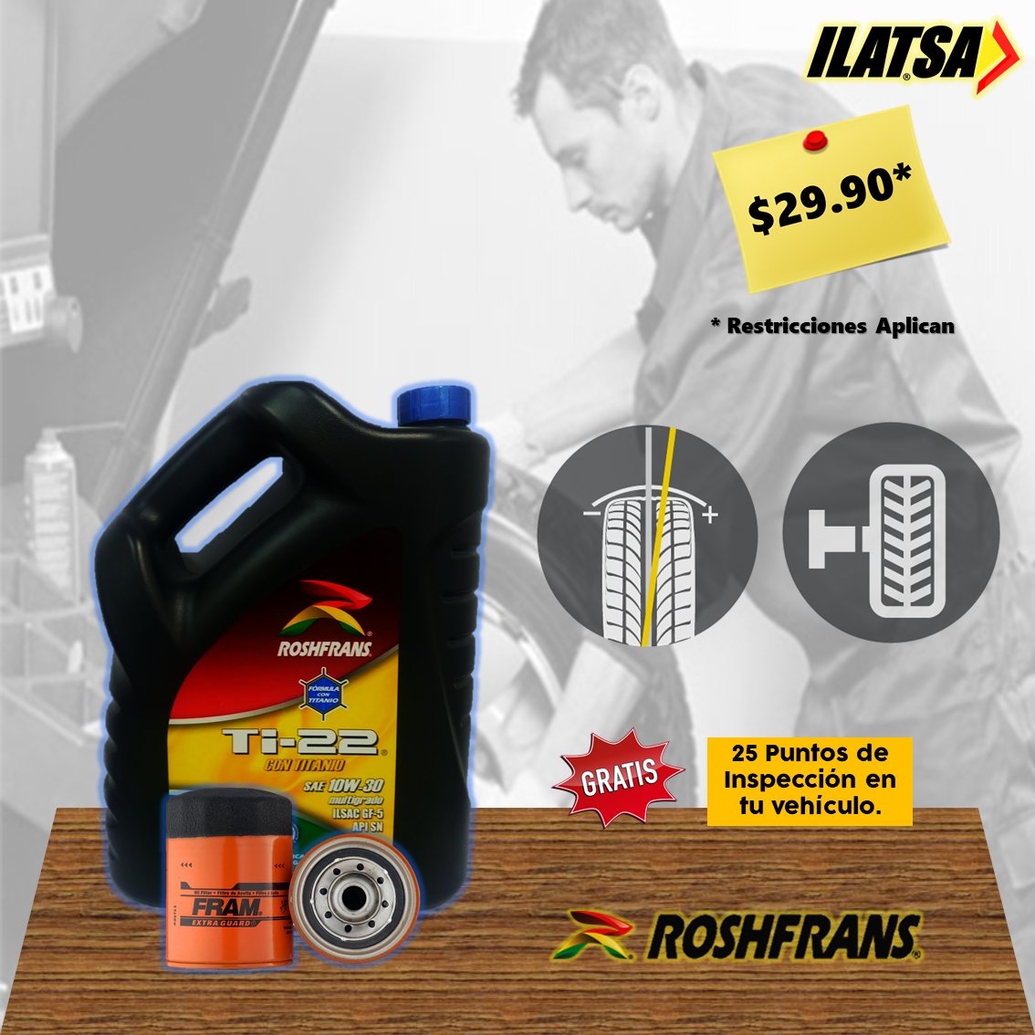 ILATSA_'s tweet photo. -SUPER PROMOCION DE FEBRERO-
🔸 4/4 de Aceite Roshfrans 20W50 o 10W30
🔸 Filtro de Aceite
🔸 Alineado y Balanceo
🔹 GRATIS: Inspección de 25 puntos en tu vehículo
SUPER PRECIO: $29.90*
* Restricciones Aplican
#ILATSA #Roshfrans #Aceite #Promociones https://t.co/DVVU5geXtH