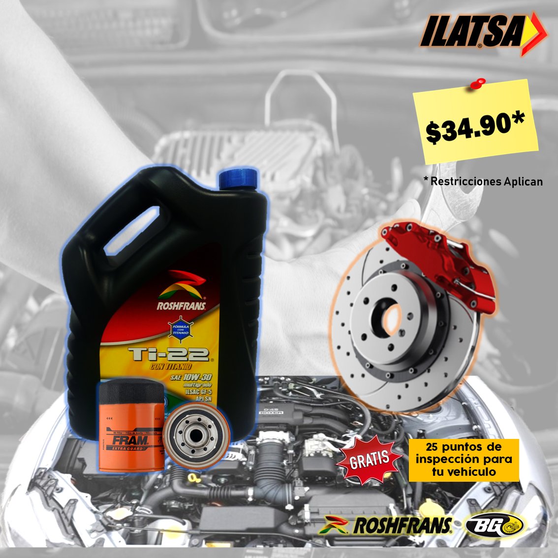 ILATSA_'s tweet photo. -SUPER PROMOCION DE FEBRERO-
🔸 4/4 de Aceite Roshfrans 20W50 o 10W30
🔸 Filtro de Aceite
🔸 Limpieza y Ajuste de Frenos (Incluye Antichirrido)
🔹 GRATIS: Inspección de 25 puntos en tu vehículo
SUPER PRECIO: $34.90*
* Restricciones Aplican
#ILATSA #Roshfrans #Aceite #Promociones https://t.co/evapcsIKUe