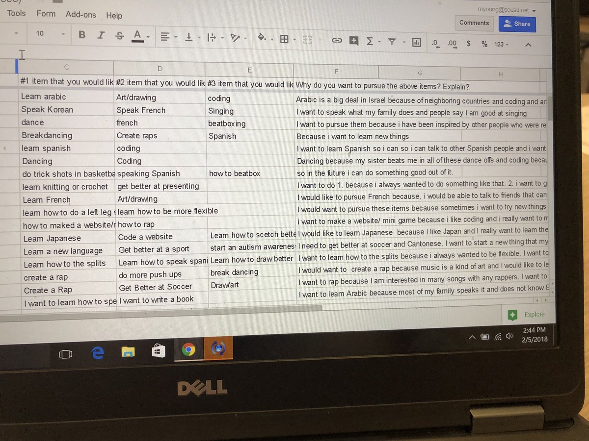TeachEmYoung's tweet photo. 80/20 Time/Passion Project brainstorm and Google Forms survey with my 6th grade Exploratory class today! Can’t wait to see how this plays out! #CLStech18 #passionproject https://t.co/eZk93VW6J7