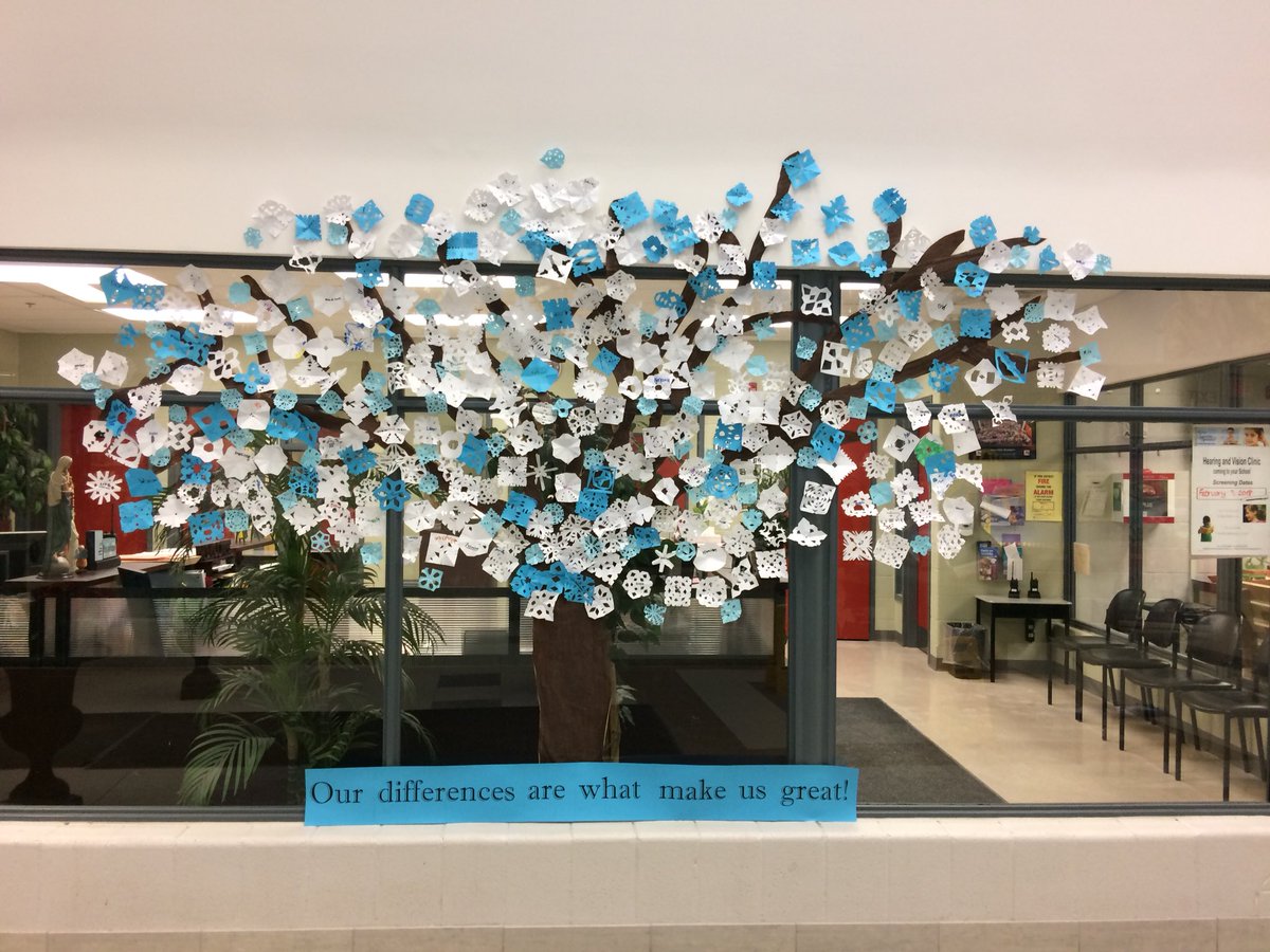 MrsKMacDonald's tweet photo. Our Winter Tree of Inclusion is finished. Each staff member, including our support staff and each student made a snowflake with their name on it. https://t.co/qRbUO1tnPI