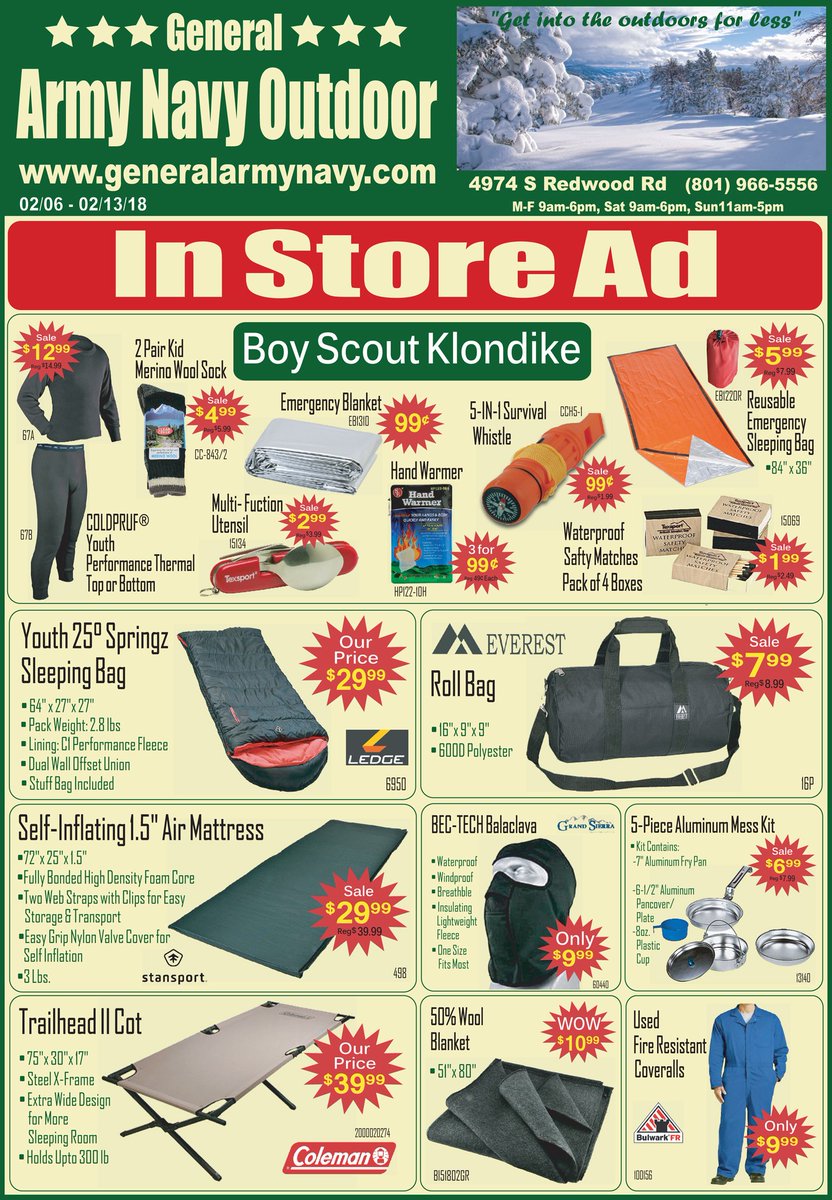 generalarmynavy's tweet photo. In Store Ad 02/06 -02/13/18
https://t.co/D9chdfaDwv
#generalarmynavy #armynavyoutdoor #armynavystore #surplusstore #Sales #Camping #EmergencyPreparedness #outdoors #woolblankets #wool #castironcookware #patchesandpins #dogtags #mre #Survivalsupplies https://t.co/tdetoatD5S