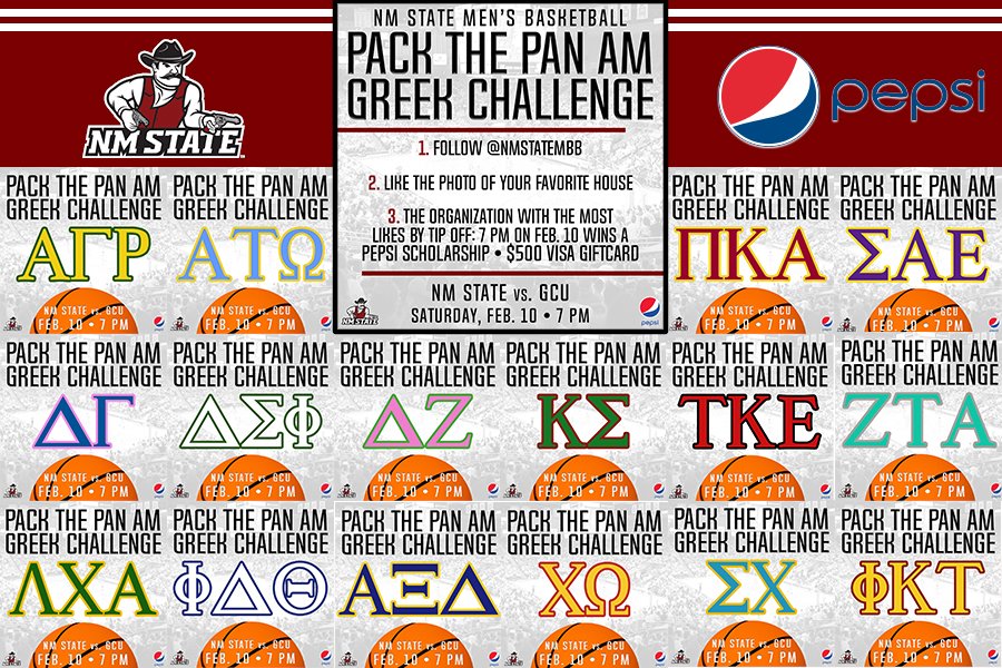 THE PEPSI GREEK CHALLENGE IS BACK! 
NMSU Greeks: Get on our Instagram account <a href="/NMSTATEMBB/">NM State MBB</a>, and 'like' your favorite image. The chapter with the most likes will score a $500 Visa Gift Card and be on court at halftime! 📸+❤️=💰