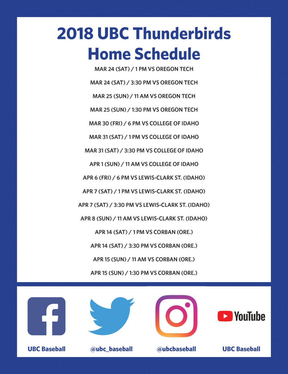 ubc_baseball's tweet photo. #BASE: The @ubctbirds are heading to California on Thursday to kick off the 2018 season! They will play the Cal State East Bay Pioneers on February 9th at 2pm. Be sure to come out to the new UBC Baseball Stadium to cheer on the T-Birds this season! #ubc #canadascollegeteam https://t.co/QVYMzf9jlq