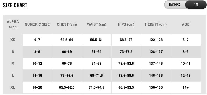 nike size guide tops