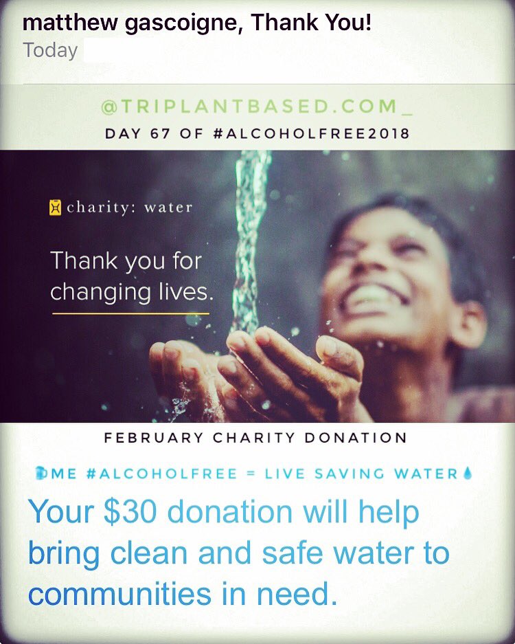 TRIplantbased's tweet photo. Another month into #alcoholfree2018 on day 67 of no alcohol and living #alcoholfree ✌️Thanks @charitywater for all the work you guys do❤️I’m giving $30 every month to #charitywater and giving up alcohol for one year to show my support #nobeerforoneyear ✌️💚🌱
#triplantbased https://t.co/ecLUjMc3C8