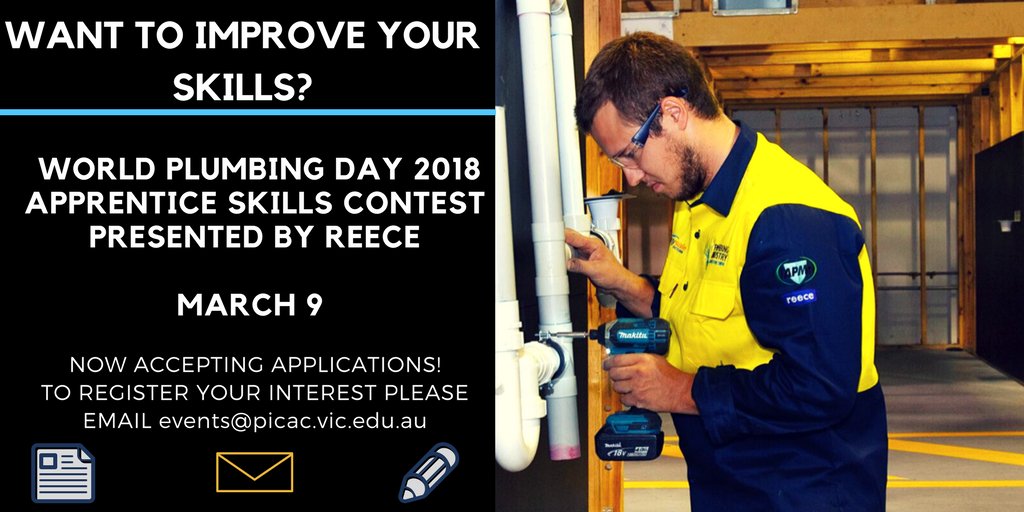 PICACaus's tweet photo. Are you looking for a way to #improve your #skills? APPLY NOW for the #Apprentice Skills #Contest! 3rd and 4th year apprentices only. Please email: events@picac.vic.edu.au
...
#PICACaus #Sprinklerfitting #Plumbing #WorldPlumbingDay #apprenticeship #wpd18 #Apprenticeships #plumber https://t.co/GAN3ojFW16