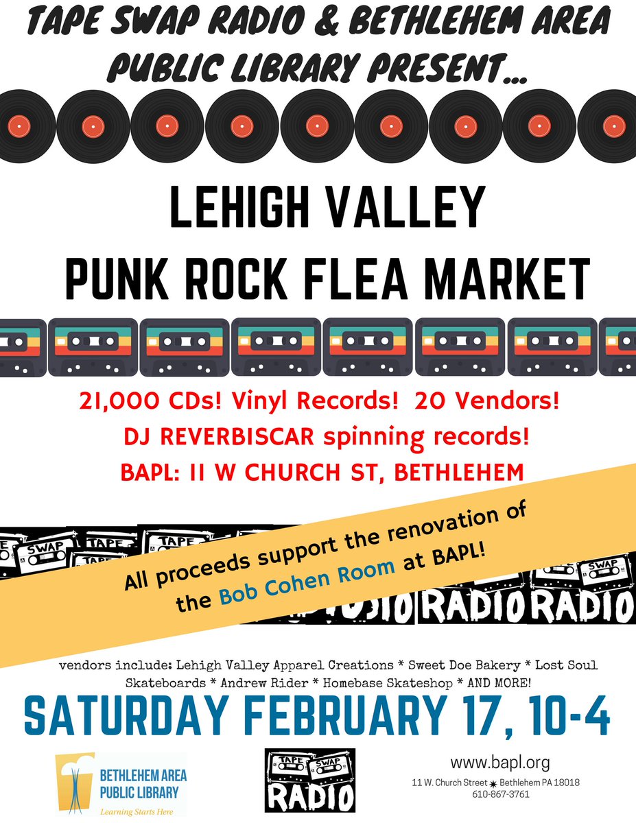 tapeswapradio's tweet photo. Tape Swap and @paBAPL are excited to present the Lehigh Valley Punk Rock Flea Market! 

Saturday, February 17, 2018 -- 10 AM - 4 PM.

-21,000 CDs 
-Vinyl records
-20 vendors
-DJ REVERBISCAR spinning records
-FREE ADMISSION

Supports BAPL's Bob Cohen Room
https://t.co/x2LRhONalP https://t.co/gpCWnxAZ5M