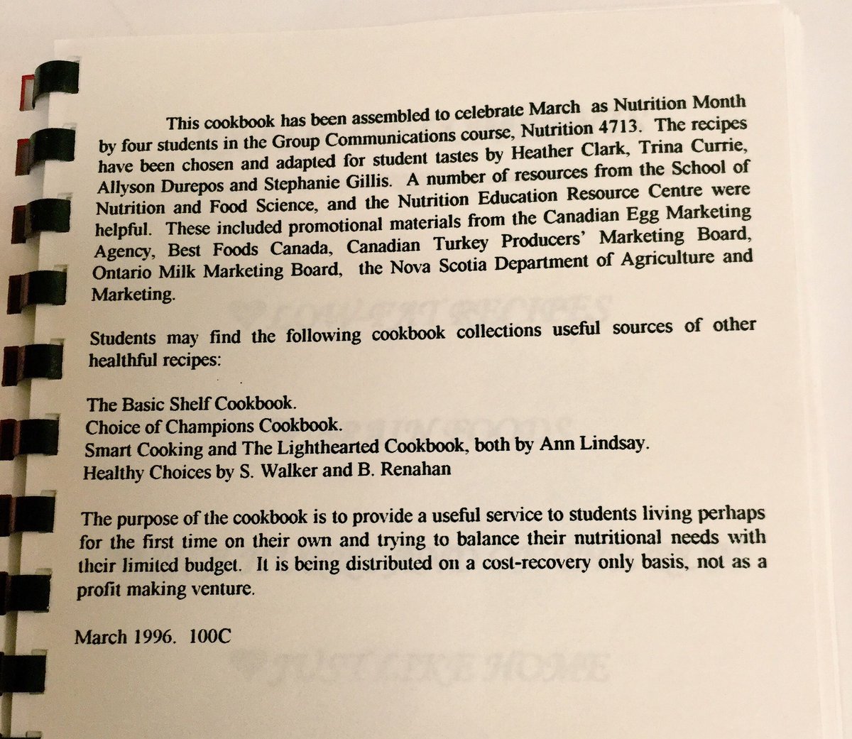 The @NutritionAcadia society is collecting recipes for a fundraising cookbook - send your recipes to Alice M by Feb 16. And look what I found today, a 1996 cookbook created by @AcadiaU @AcadiaNutrition students, as part of a Communications course. Interesting #ThrowbackRecipes 😄