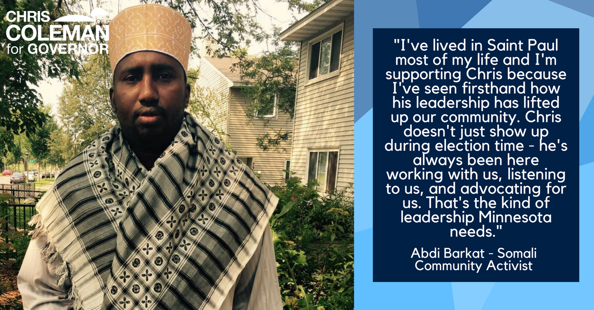 ChrisColemanMN's tweet photo. I've had the opportunity to work closely with Abdi Barkat and together address and find solutions to concerns within Saint Paul's Somali community. I'm thrilled to have his support today as we work to build a Minnesota that works for all our families. #ColeMN https://t.co/UOzOGlyTPl