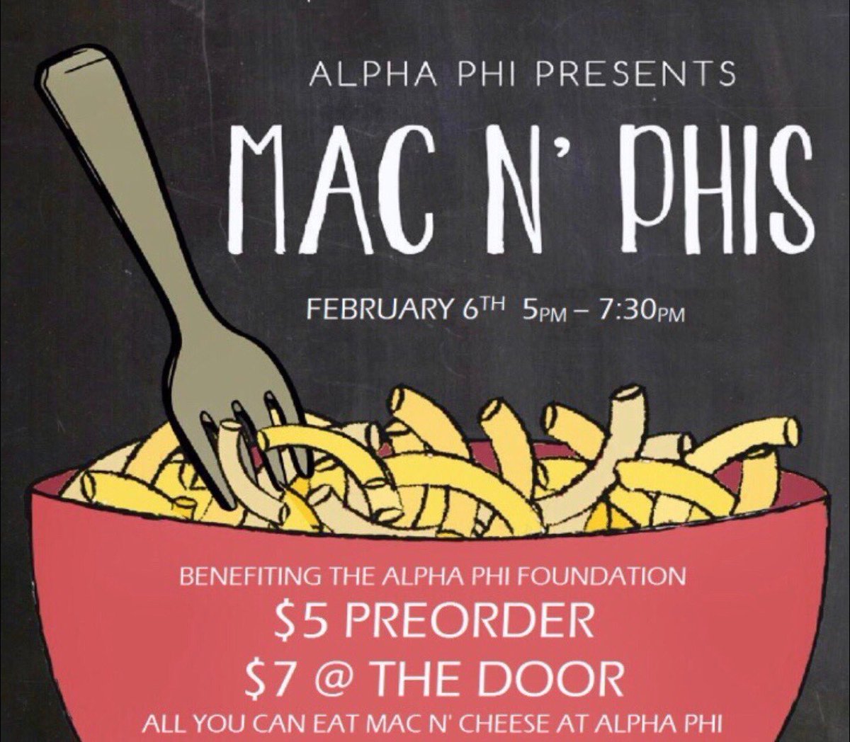 Don’t forget to stop and support the terrific women of <a href="/AlphaPhi_ISU/">Indiana State AΦ</a> for their philanthropy event, MAC N’ PHIS!! All you can eat Mac n’ Cheese tomorrow from 5:00pm-7:30pm!!