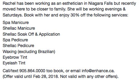 EnhanceMilton's tweet photo. Enhance Cosmetic Centre &amp; Spa welcomes Rachel to our spa family! 
She will be working evenings &amp;  Saturdays. Book with her and enjoy 30% off the attached services. Call/text 905.864.0000, email info@enhance.ca.
 (Offer valid until Feb 28, 2018. Not valid with any other offers). https://t.co/zpvqmJZEIG