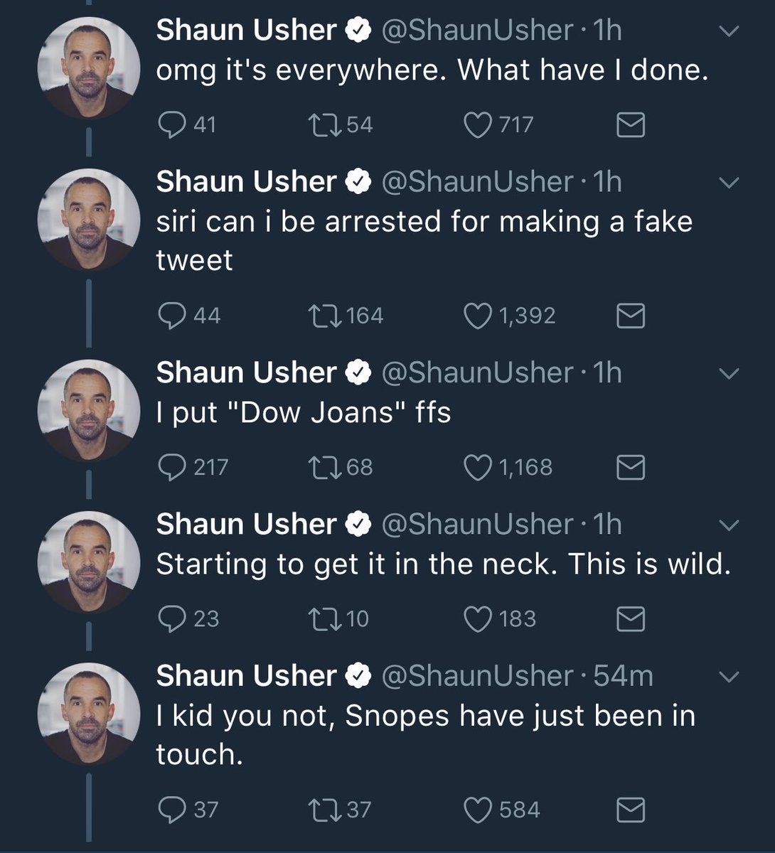 A series of tweeted updates: starting “omg it’s everywhere”  and ending “I kid you. It, Snopes have just been in touch”