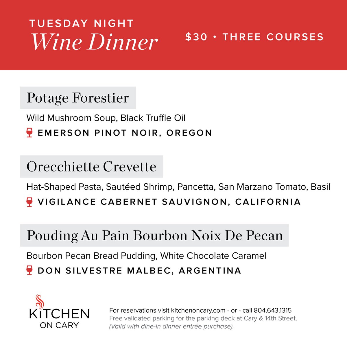 KitchenOnCary's tweet photo. Are you ready for a perfect and affordable wine dinner? We have one coming Tuesday! #rva #rvadine https://t.co/Ol9FPRpHmD