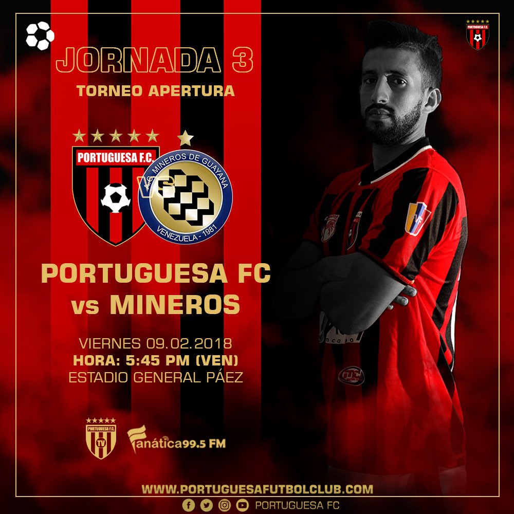 Portuguesa_FC's tweet photo. #LigaFutVE | ¡Tercer desafío rojinegro!

🆚 @MinerosGuayana 
🏟️ Estadio José A. Páez
📆 Vier. 09.02
🕒 5:45PM

#SomosPortuguesaFC
🔴⚫️ https://t.co/4QHRtlagox