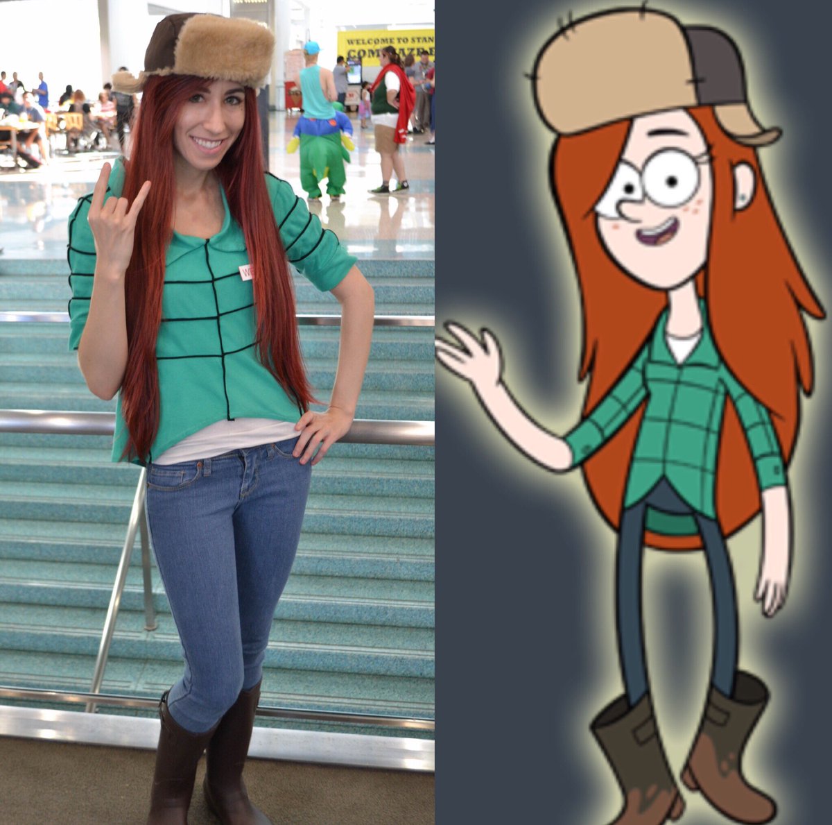 Cosplay vs character side-by-side of Wendy Corduroy from Gravity Falls. 