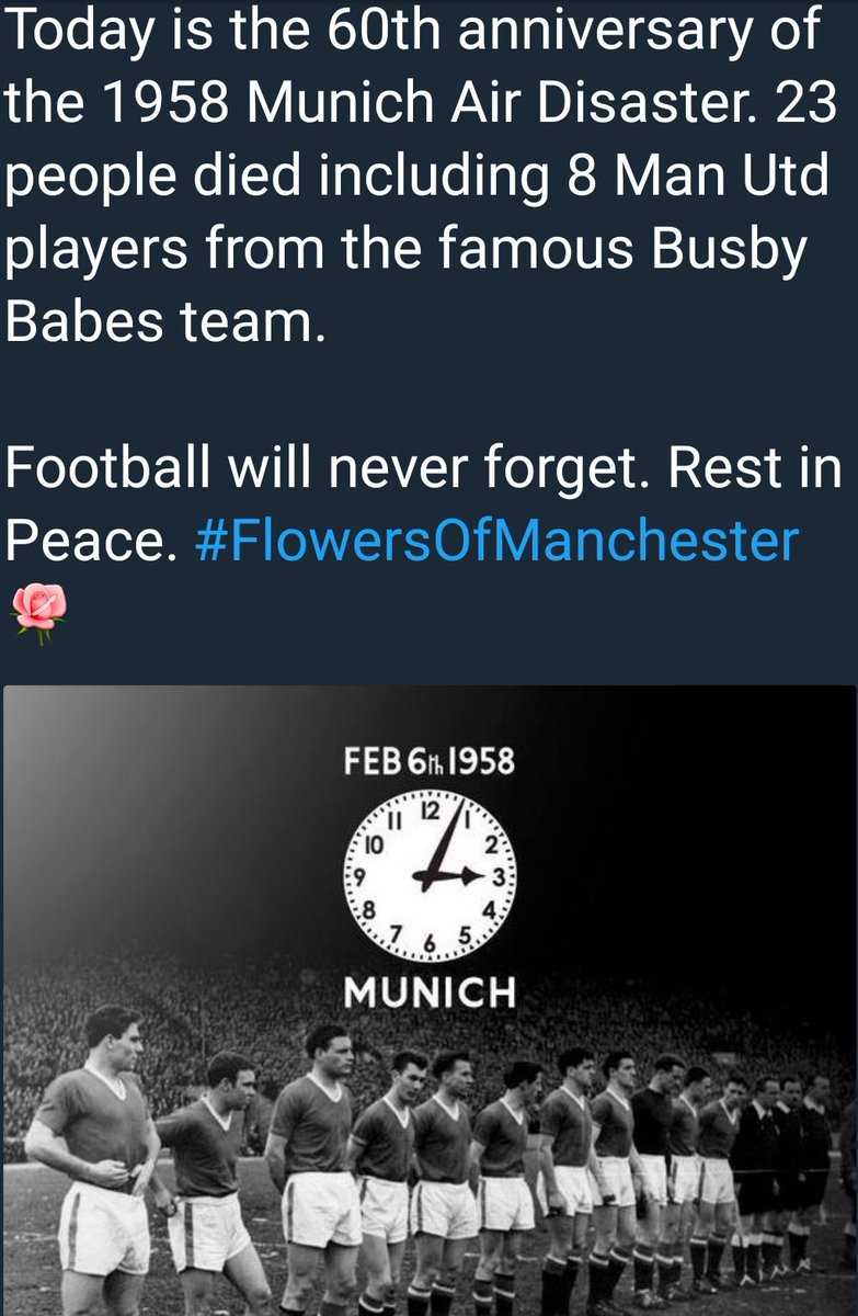kabirLfc's tweet photo. #RIP 
#munichairdisaster
#FlowersOfManchester 
#Rivalforever 
#notenemy 
#notingimportantmorethathumanlife 
#willberememberedforever 
#beautyofthegame https://t.co/cr0axEepcv