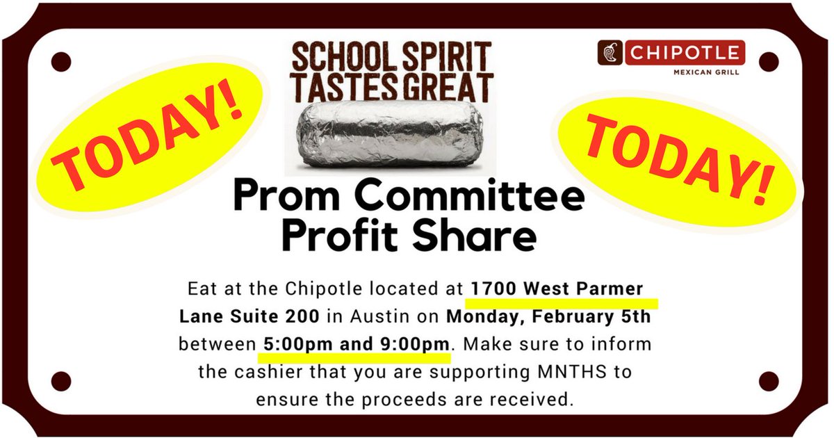 ManorNewTech's tweet photo. Come support our @mnthsprom2018 by eating at the Chipotle on West Parmer Lane till 9 tonight. Don’t forget to mention New Tech when you pay! @ManorISD https://t.co/PVguQrhGX4