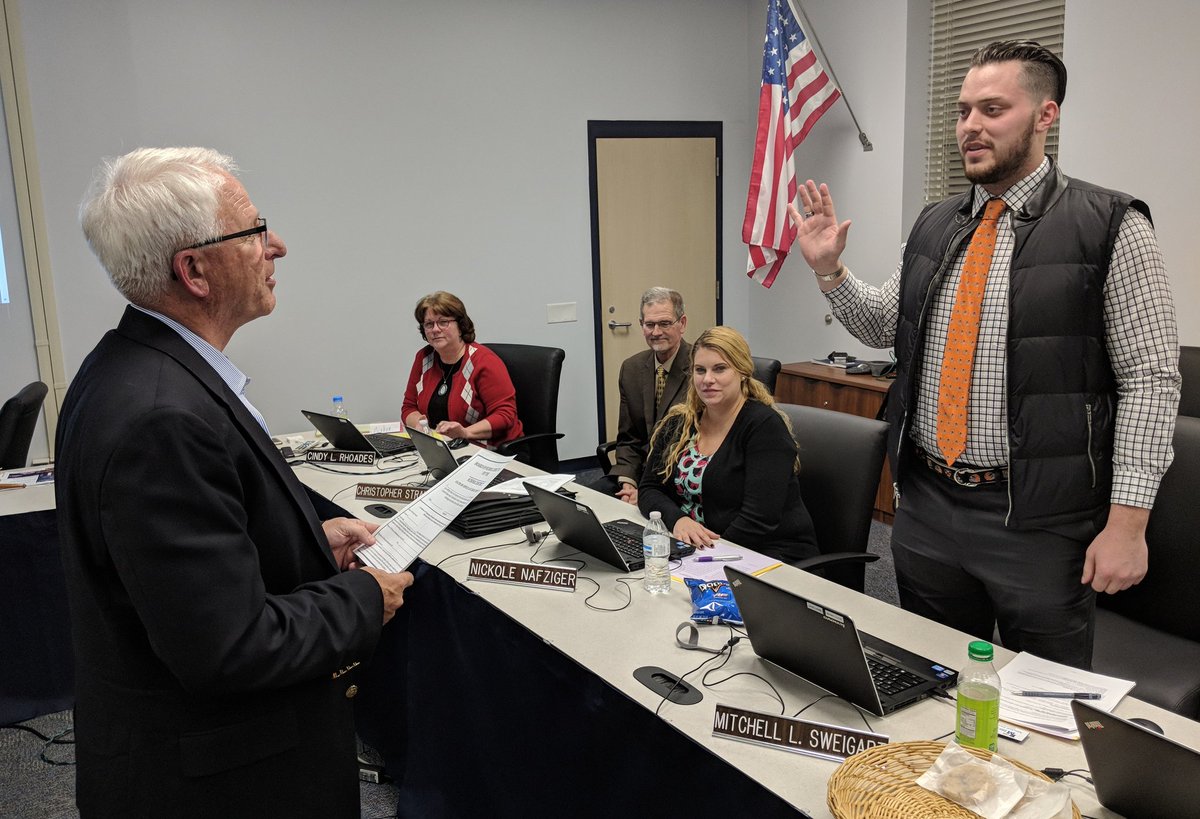 pennmanor's tweet photo. Congratulations and welcome to Mitchell Sweigart, a 2014 Penn Manor graduate, on his swearing-in as the newest school board director! Mitchell, who attends Princeton, will serve through December 2019. https://t.co/K99v2039U1