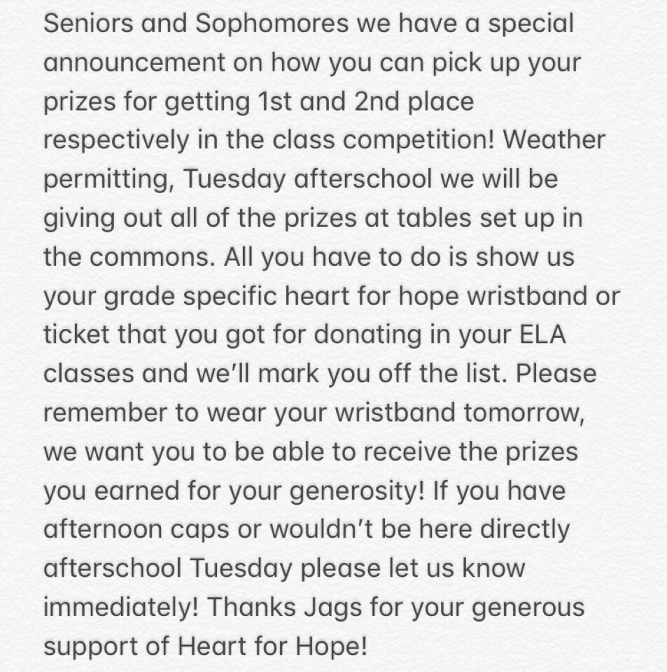 Seniors and Sophomores, see below to learn how to get your <a href="/BVWHeartforHope/">BVWHeartforHope</a> prizes tomorrow.