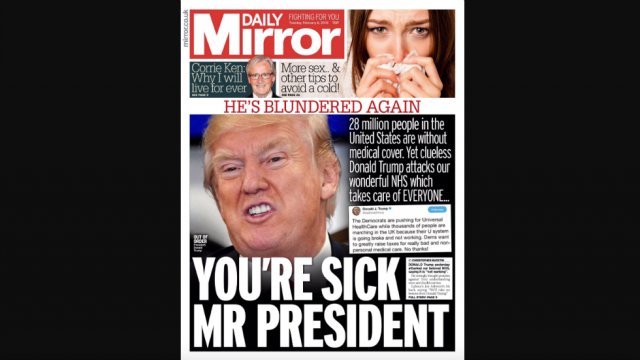 thehill's tweet photo. British tabloid rips Trump for attacking UK universal healthcare: "You're sick" https://t.co/6UsrNaKAh3 https://t.co/8EmEkV1Rlp