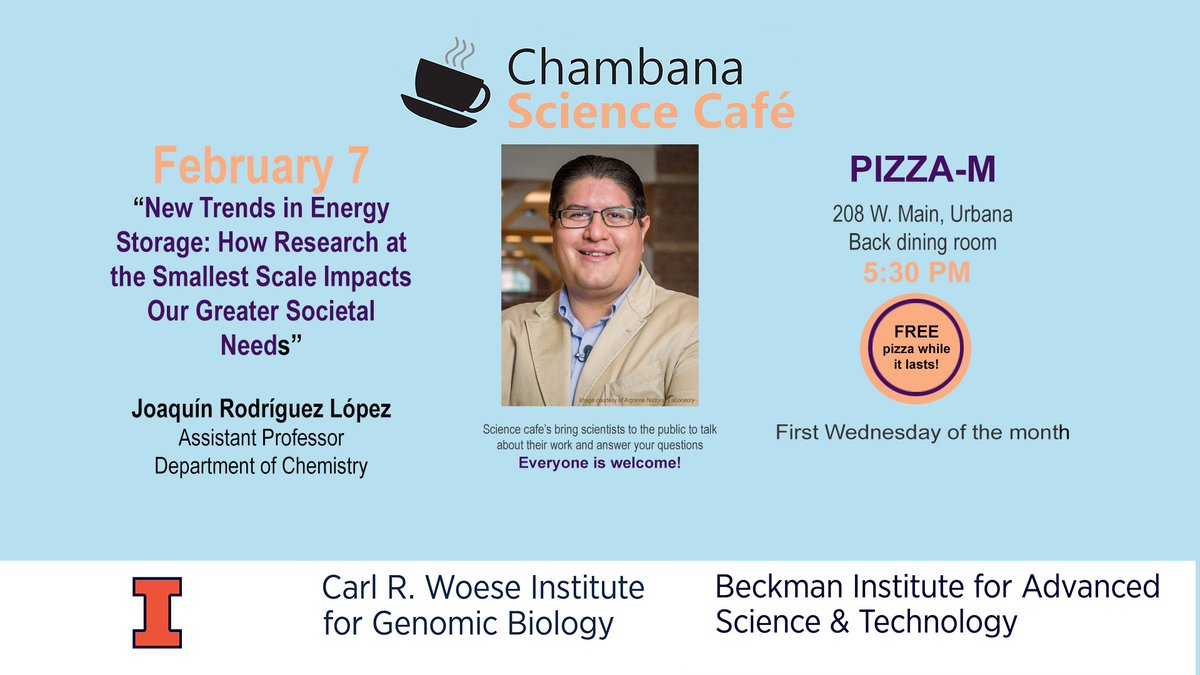 Join us this Wednesday at 5:30 at <a href="/UrbanaPizzaM/">Pizza M</a> for <a href="/ChambanaSciCafe/">Chambana ScienceCafe</a>!

Free pizza while supplies last!