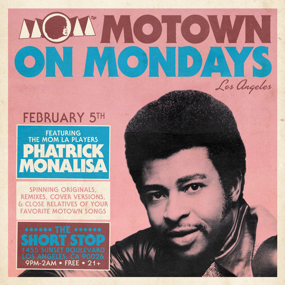 MOM_LA's tweet photo. [FEB 5]
#Tonight, #MotownOnMondaysLA returns &amp; we’re dedicating this one to #DennisEdwards of the #Temptations!
Our own #MOMLA Players @DJPhatrick &amp; @Monalisa7872 are holding it down all night.
Join us at @The_Short_Stop
•
•
#Motown #LA #EchoPark #TheShortStop #LosAngeles https://t.co/5ex53yFaPS