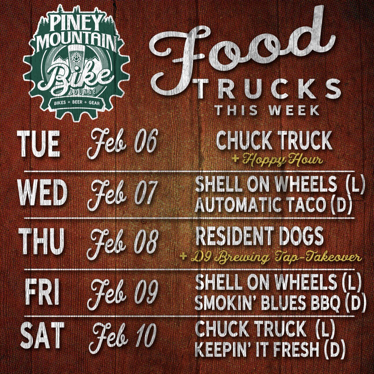 Food Truck schedule for this week. As always, subject to change at a moments notice.D9 Brewing Co. Tap-Takeover on Thursday! 
Note:(L) Lunch. (D) Dinner.  Shell in Wheels is A Boiled Peanut vendor #yeahthatgreenville #yeahthatbikelounge #bikesandbeers