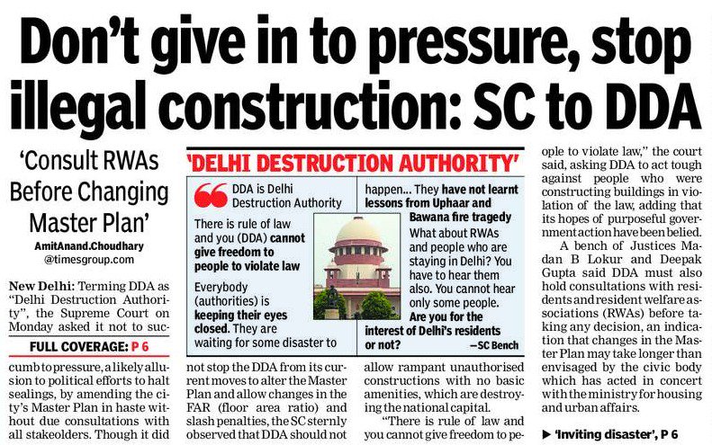 sunitaiyer's tweet photo. SC rap on DDA over Master Plan is a warning of sorts to other destruction authorities, especially #Bengaluru Destruction Authority! #BDA, r u also waiting 4 something tragic 2 happen? #ReclaimingBengaluru needs accountable &amp; transparent civic authorities. #BDARMPBeda @rajeev_mp https://t.co/s6kxjKPQU5