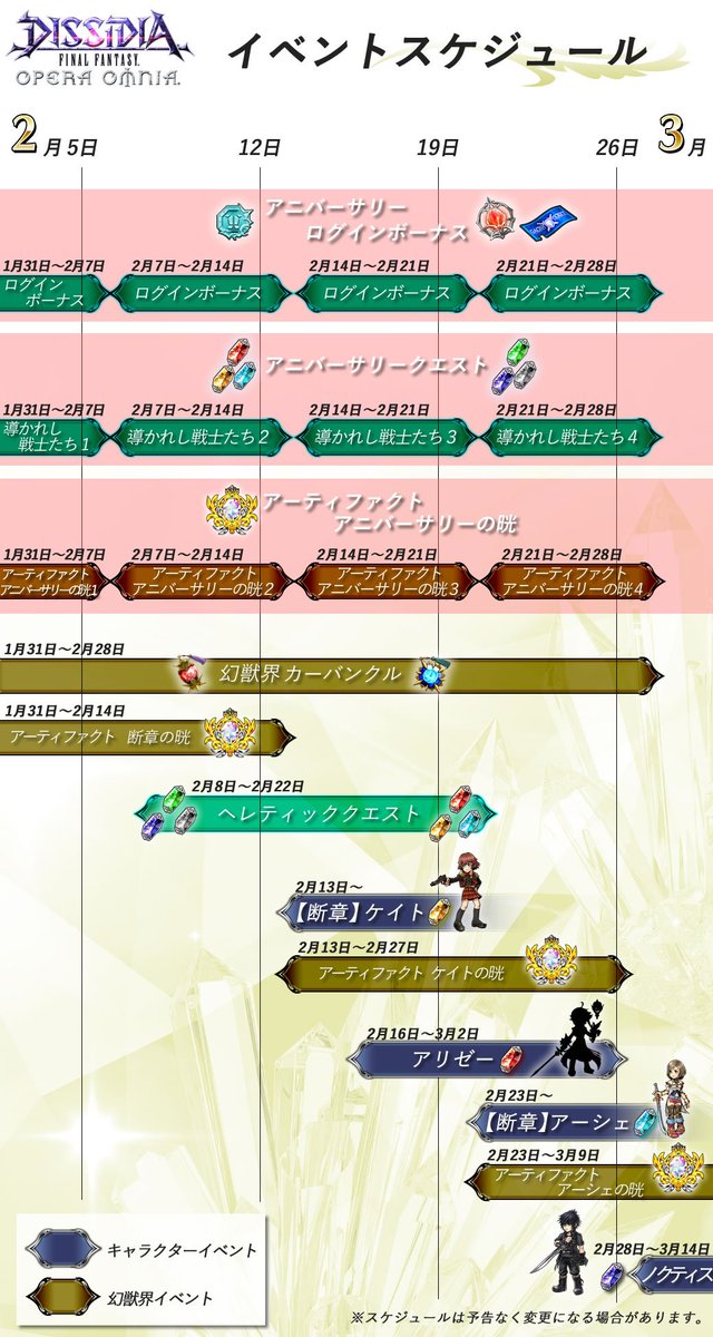 Dffオペラオムニア公式 ２月イベントスケジュールのご紹介です アニバーサリーキャンペーン開催中のため カレンダーも縦長です そして 今月より断章の配信が早まりましたので 上限解放含めて楽しみでが増えました ノクティスさんがちょっと狭そう