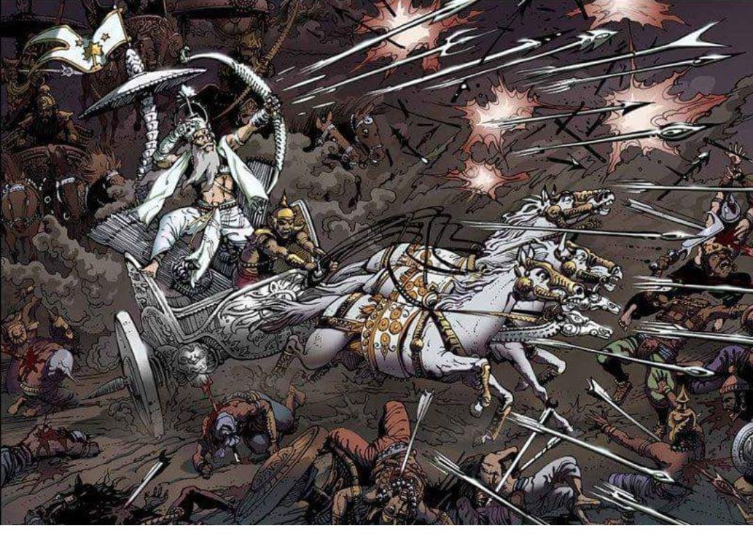 Bhishma went through the Pandava army wreaking havoc wherever he went. Duryodhana and his brothers surrounded Bhima and the young warriors couldn’t match the prowess of Bhishma and were defeated.
