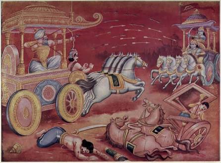 Sri Krishna skillfully located Bhishma’s chariot and steered Arjuna toward him. Arjuna tried to engage Bhishma in a duel, but the Kaurava soldiers guarded Bhishma to protect him and attacked Arjuna. Arjuna and Bhishma fought a fierce battle that raged for hours.