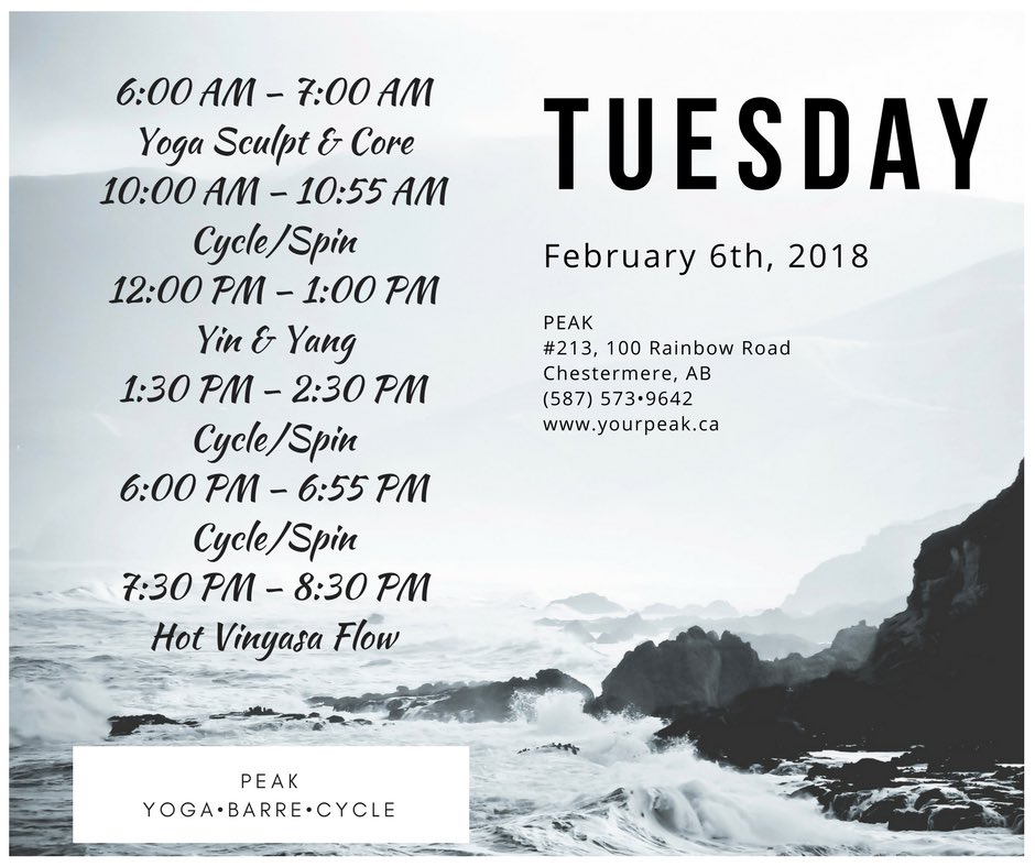 Here’s the Tuesday schedule!! Make sure you get signed up and don’t miss out!!

#yycfitness #chestermerefitness #strathmorefitness #peakyoga #yycyoga #peakcycle #yyccycle #tuesdaysweat #justkeepspinning #findyourpeak #stretch