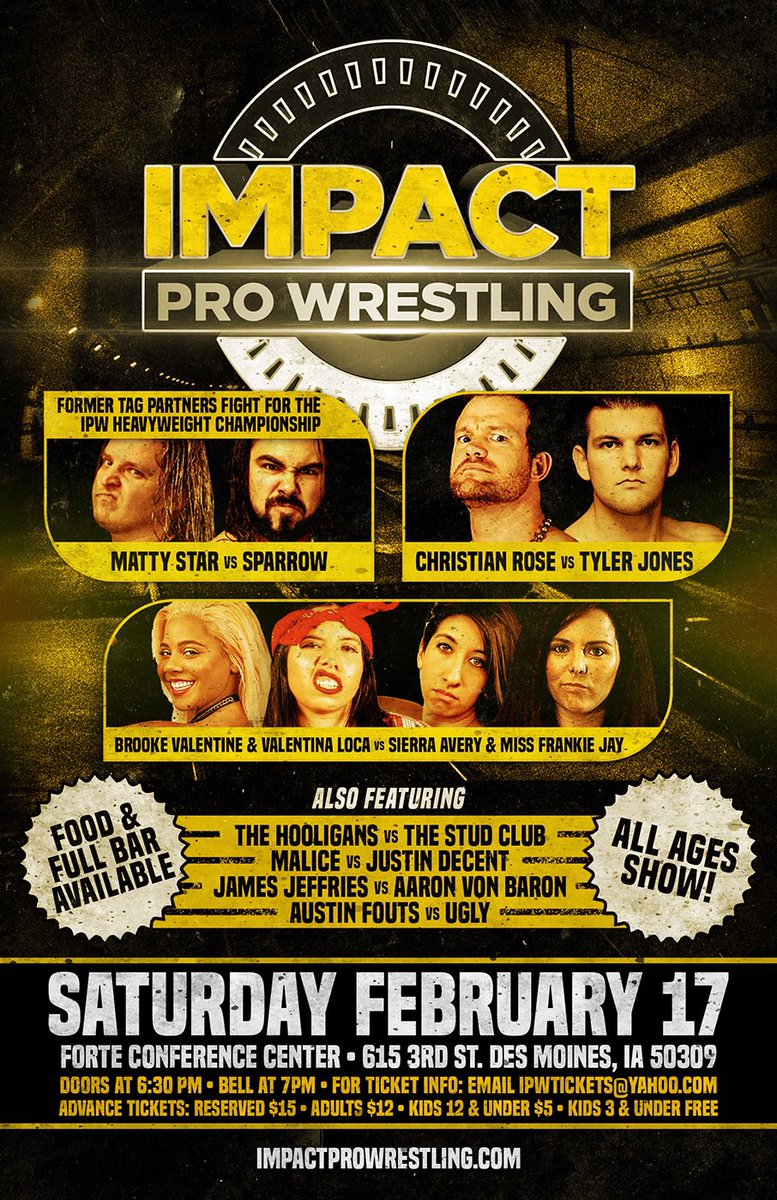 IPWpro's tweet photo. To everyone enjoying @WWE #rawdesmoines with us tonight- check out our show on February 17th just two blocks south of Wells Fargo Arena. 615 3rd Street #ipwforte #raw https://t.co/0F3A415kPd