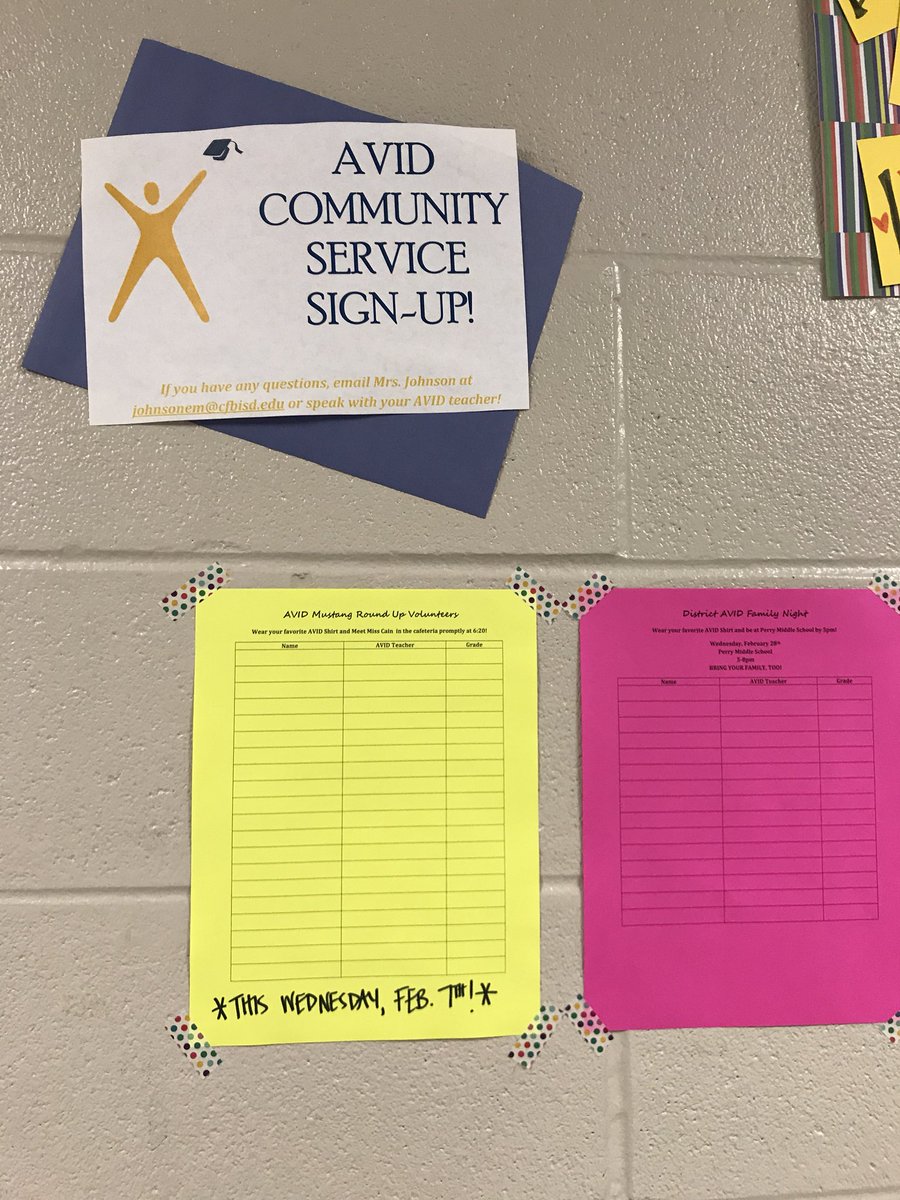 CreekviewAVID's tweet photo. AVID, come to C340 sign up to help at Mustang Round Up on Wednesday or to speak at District AVID Family Night on 2/28! #AVIDServes https://t.co/ddnQX2YML0