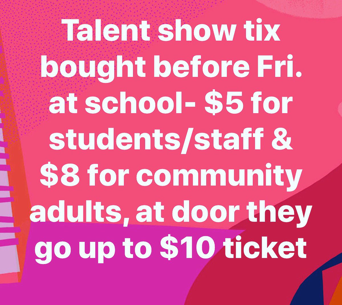 agolik's tweet photo. Talent Show Wednesday at 6:30 PM AT community Center. Buy tickets from any act or FBLA member or from Mrs. Golik in room #249. We can only sell 650 tickets... buy before we sell out. Please Share and repost! Price goes up at the door! #winterfest2018 #chssenators https://t.co/VS71evayLU