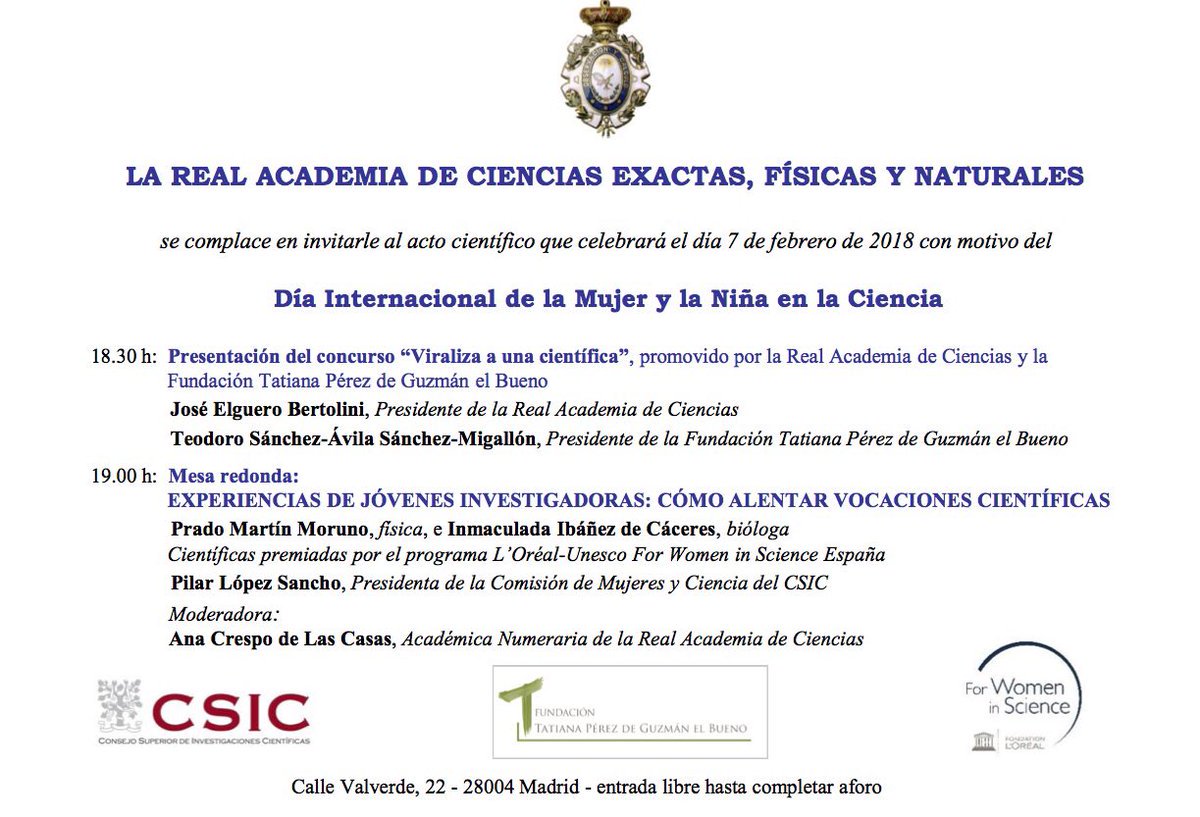 RACiencias (@raciencias) on Twitter photo El próximo dia miercoles 7 de febrero en la sede de la <a href="/RACiencias/">RACiencias</a> acto con motivo del día internacional de la mujer y la niña en la ciencia El próximo dia miercoles 7 de febrero en la sede de la <a href="/RACiencias/">RACiencias</a> acto con motivo del día internacional de la mujer y la niña en la ciencia