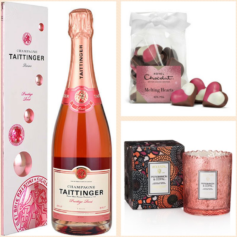 #Valentines #giftbasket for your love one. Contains a Taittinger Champagne Bottle, Heart Chocolates, and a Luxury Candle - £80 - CONTACT US purplemill.co.uk