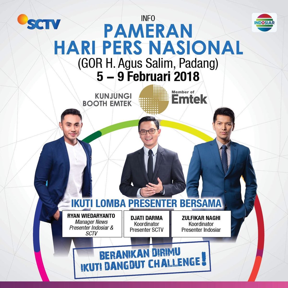Buat kamu yg ada di Padang, kunjungi booth Emtek di Pameran Hari Pers Nasional di GOR H. Agus Salim 5-9 Februari 2018. Hari ini akan ada babak penyisihan lomba presenter dgn juri-juri seperti Ryan Wiedaryanto, Djati Darma, dan Zulfikar Naghi.Sampai jumpa di booth kami!

#HPNEmtek